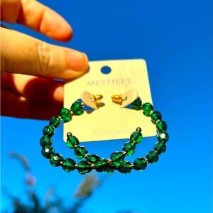 Green Beaded Gold Hoop Earrings Pierced Large Lightweight